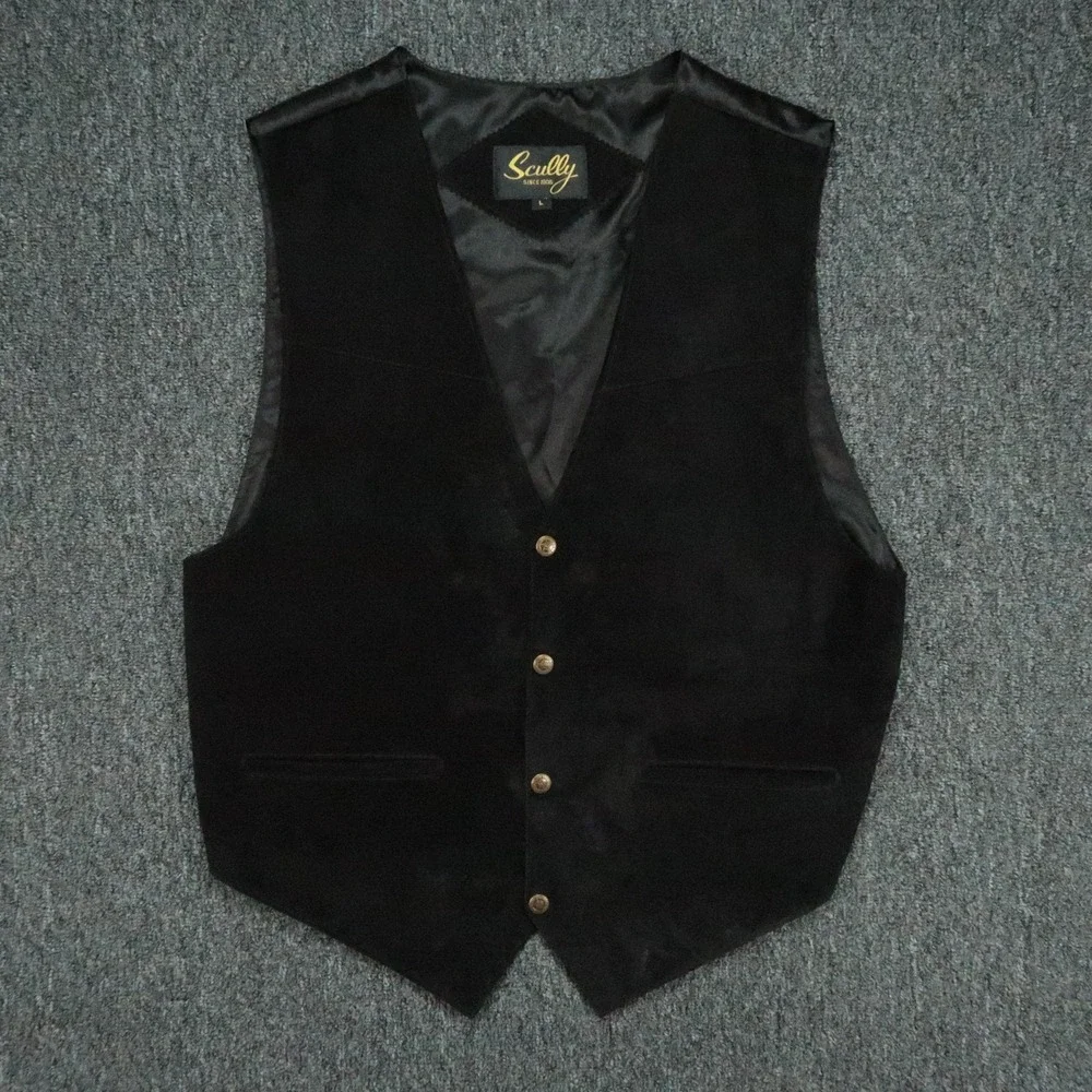 Scully Vest Mens Large Black Suede Leather Lined Western V Neck Snap